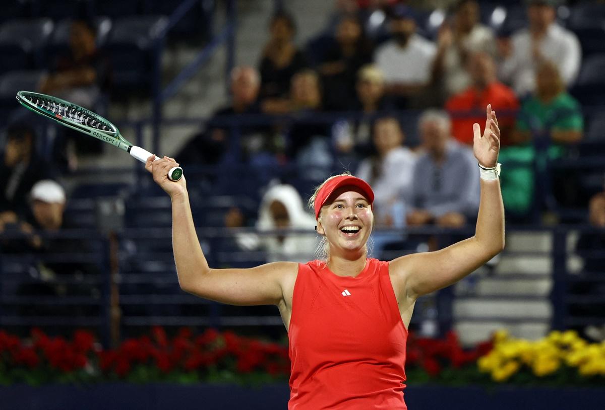 Denmark's Clara Tauson celebrates winning her semi-final against the Czech Republic's Karolina Muchova.