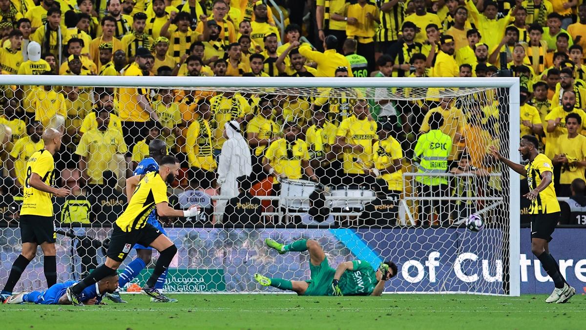 Karim Benzema celebrates scoring Al Ittihad's fourth goal in the Saudi Pro League match against Al Hilal, at King Abdullah Sports City, Jeddah, on Saturday.