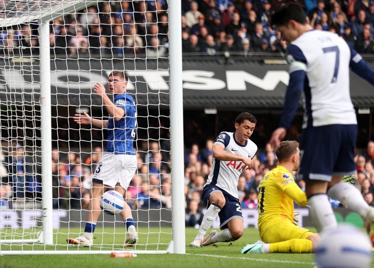 Brennan Johnson scores Tottenham Hotspur's first of four goals against Ipswich Town, at Portman Road, Ipswich.