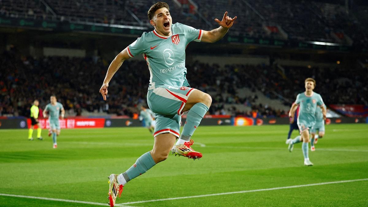 Julian Alvarez celebrates scoring Atletico Madrid's first goal during the Copa del Rey semi-final first leg against FC Barcelona, at Estadi Olimpic Lluis Companys, Barcelona, Spain, on Tuesday.