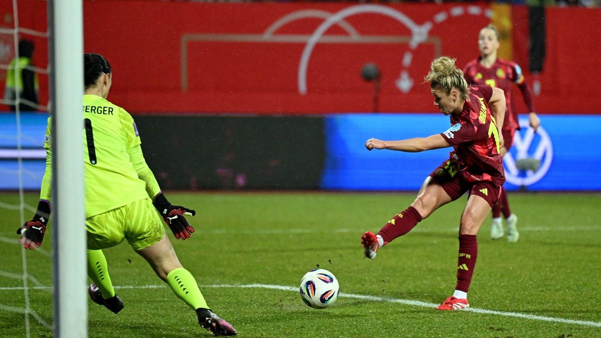 Linda Dallmann scores Germany's second goal during the Women's Nations League match against Austria, at Max-Morlock-Stadion, Nuremberg, on Tuesday.