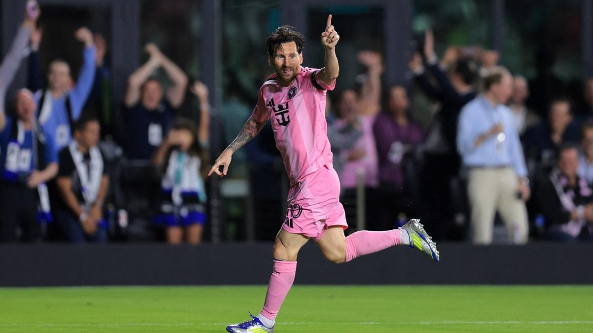 Lionel Messi celebrates scoring Inter Miami's opening goal against Sporting Kansas City in Round One of the 2025 CONCACAF Champions Cup at Chase Stadium, Fort Lauderdale, Florida, on Tuesday night.