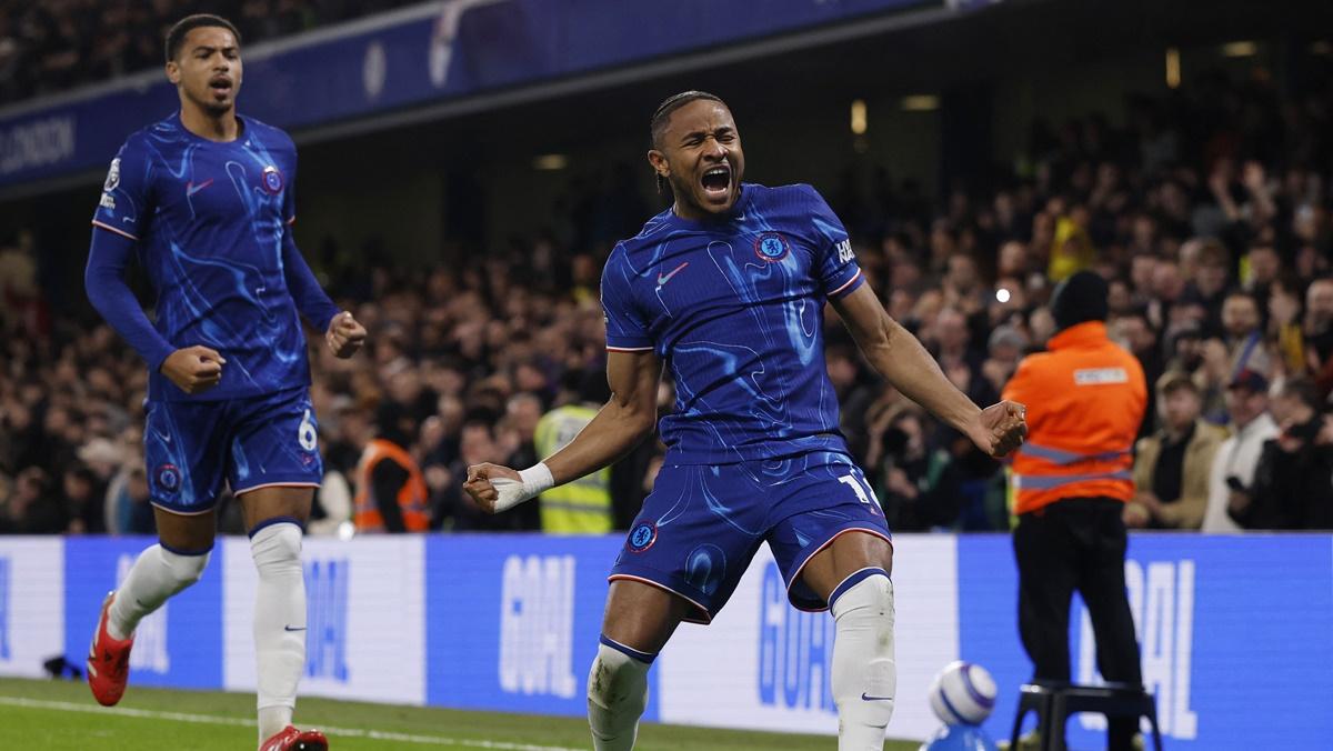 Christopher Nkunku celebrates with Levi Colwill after scoring Chelsea's opening goal in the Premier League match against Southampton at Stamford Bridge, London, on Tuesday.