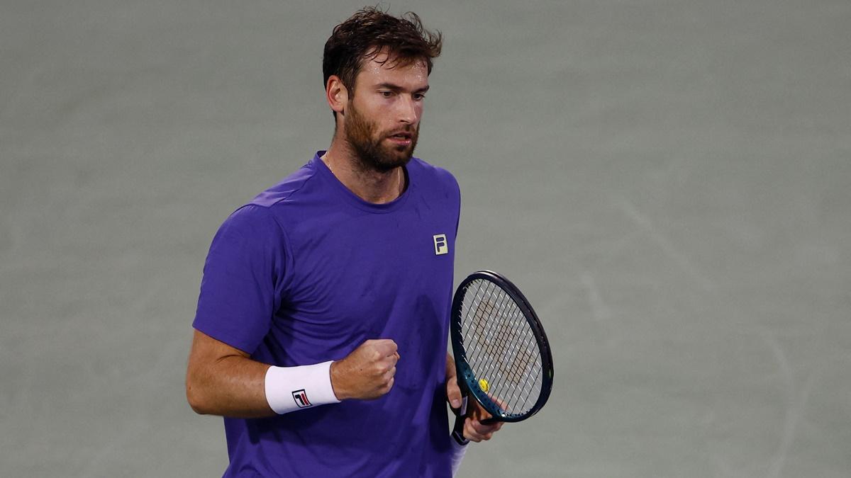 France's Quentin Halys reacts during his Round of 32 match against Russia's Andrey Rublev at the Dubai Tennis Stadium, UAE, on Tuesday.