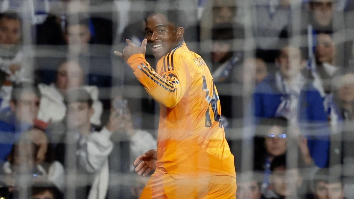 Endrick celebrates scoring Real Madrid's goal in the Copa del Rey semi-final first leg against Real Sociedad at Reale Arena, San Sebastian, Spain.