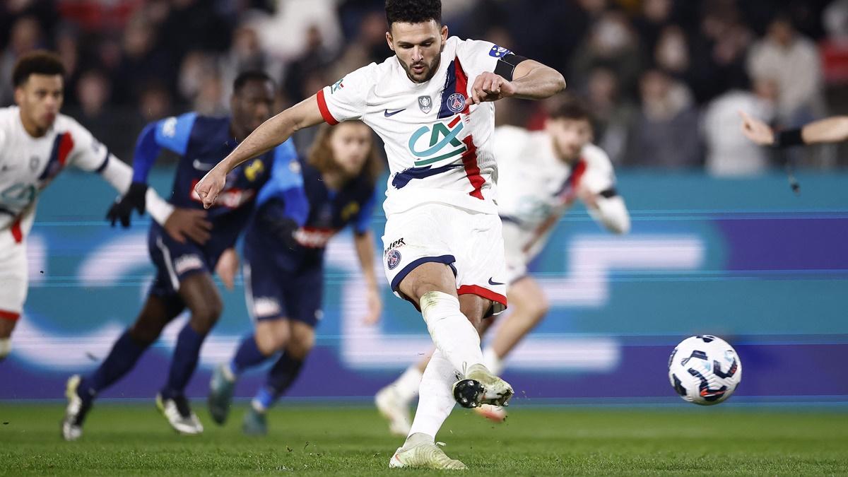 Goncalo Ramos scores Paris St Germain's third goal from the penalty spot against Stade Briochin at Roazhon Park, Rennes, France.