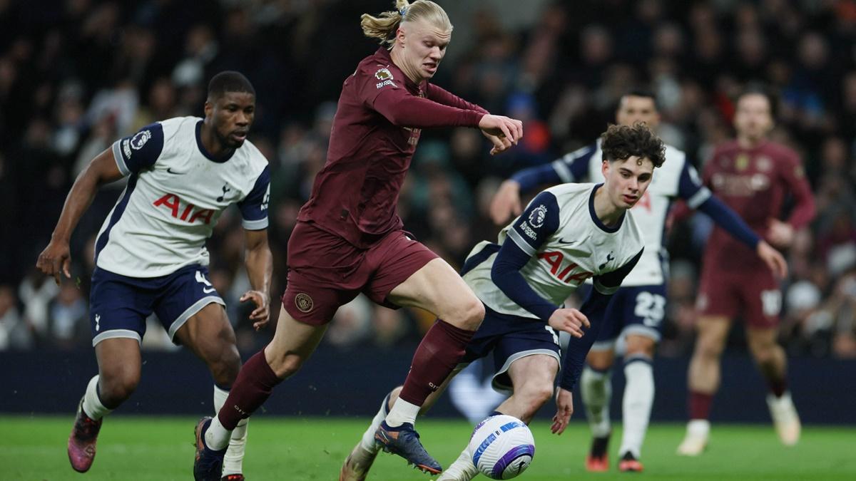 Manchester City's Erling Haaland breaks through to score what turned out to be the only goal of the Premier League match against Tottenham Hotspur at Tottenham Hotspur Stadium, London, on Wednesday.