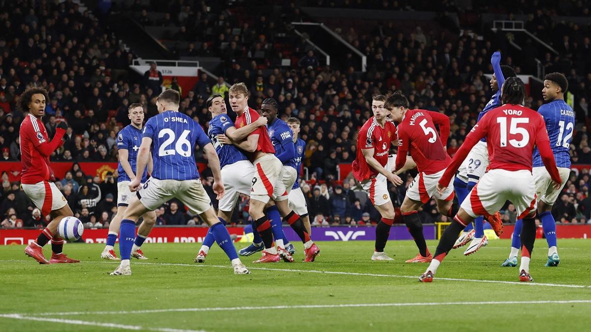 Harry Maguire scores Manchester United's third goal against Ipswich Town at Old Trafford, Manchester.