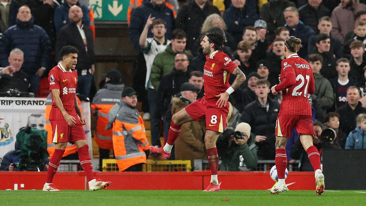 Dominik Szoboszlai celebrates scoring Liverpool's first goal in the Premier League match against Newcastle United at Anfield, Liverpool, on Wednesday.