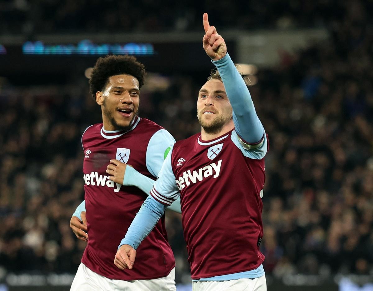 West Ham captain Jarrod Bowen celebrates after his shot is deflected into the Leicester net by Jannik Vestergaard, resulting in an own goal.