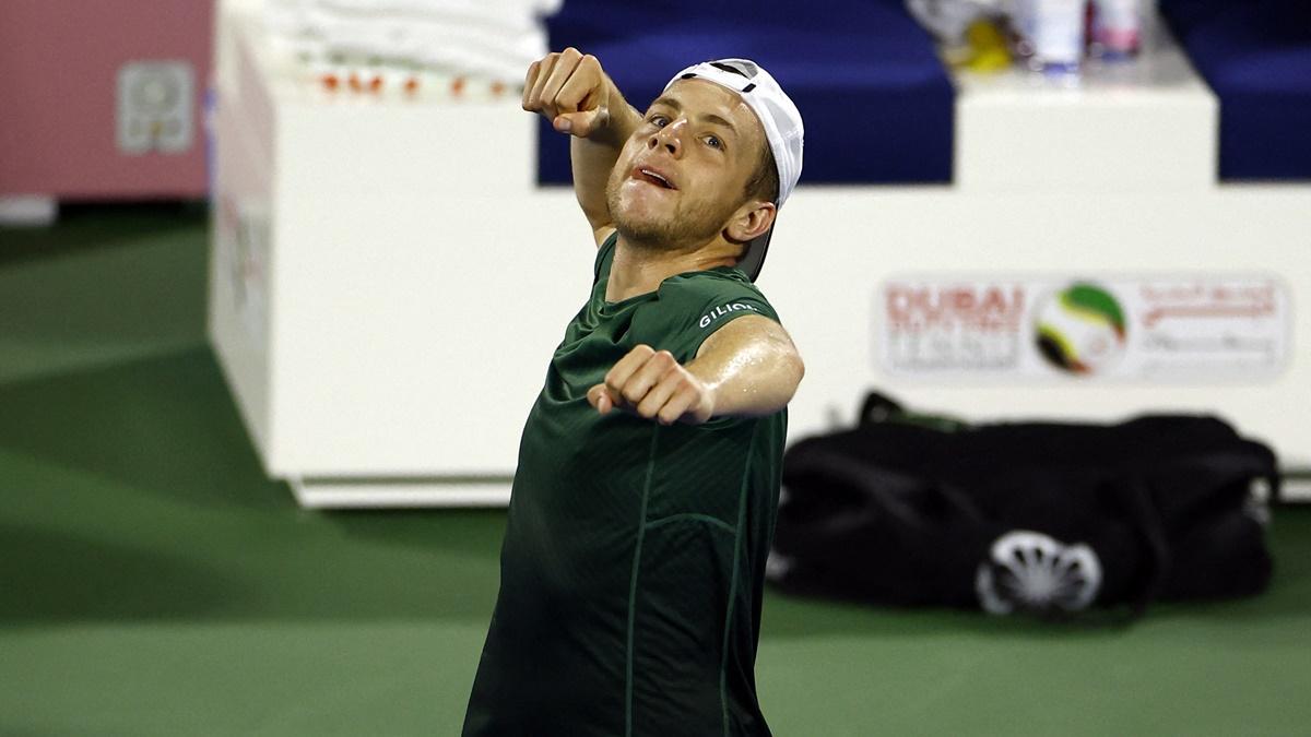 Tallon Griekspoor of The Netherlands celebrates beating Russia's Daniil Medvedev in the quarter-finals of the Dubai Championships at Dubai Tennis Stadium, UAE, on Thursday.