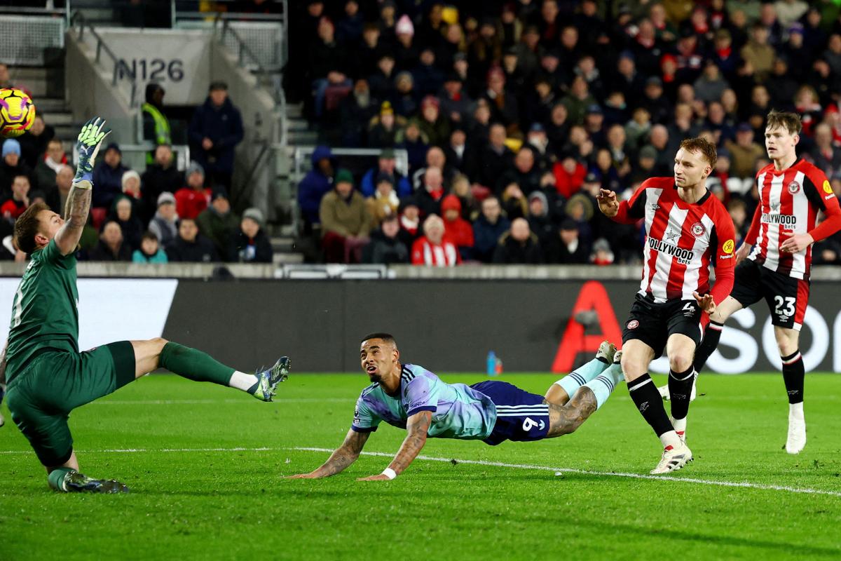 Arsenal's Gabriel Jesus scores their first goal past Brentford's Mark Flekken 