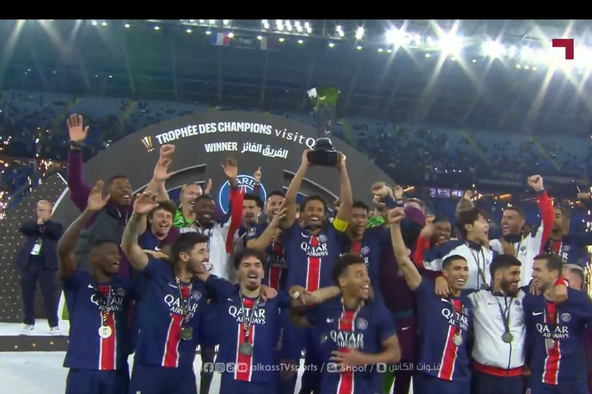 Paris Saint-Germain players celebrate on winning the French Super Cup 