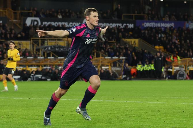 Nottingham Forest's Chris Wood celebrates scoring their second goal against Wolverhampton Wanderers at Molineux Stadium, Wolverhampton, Britain, on Monday