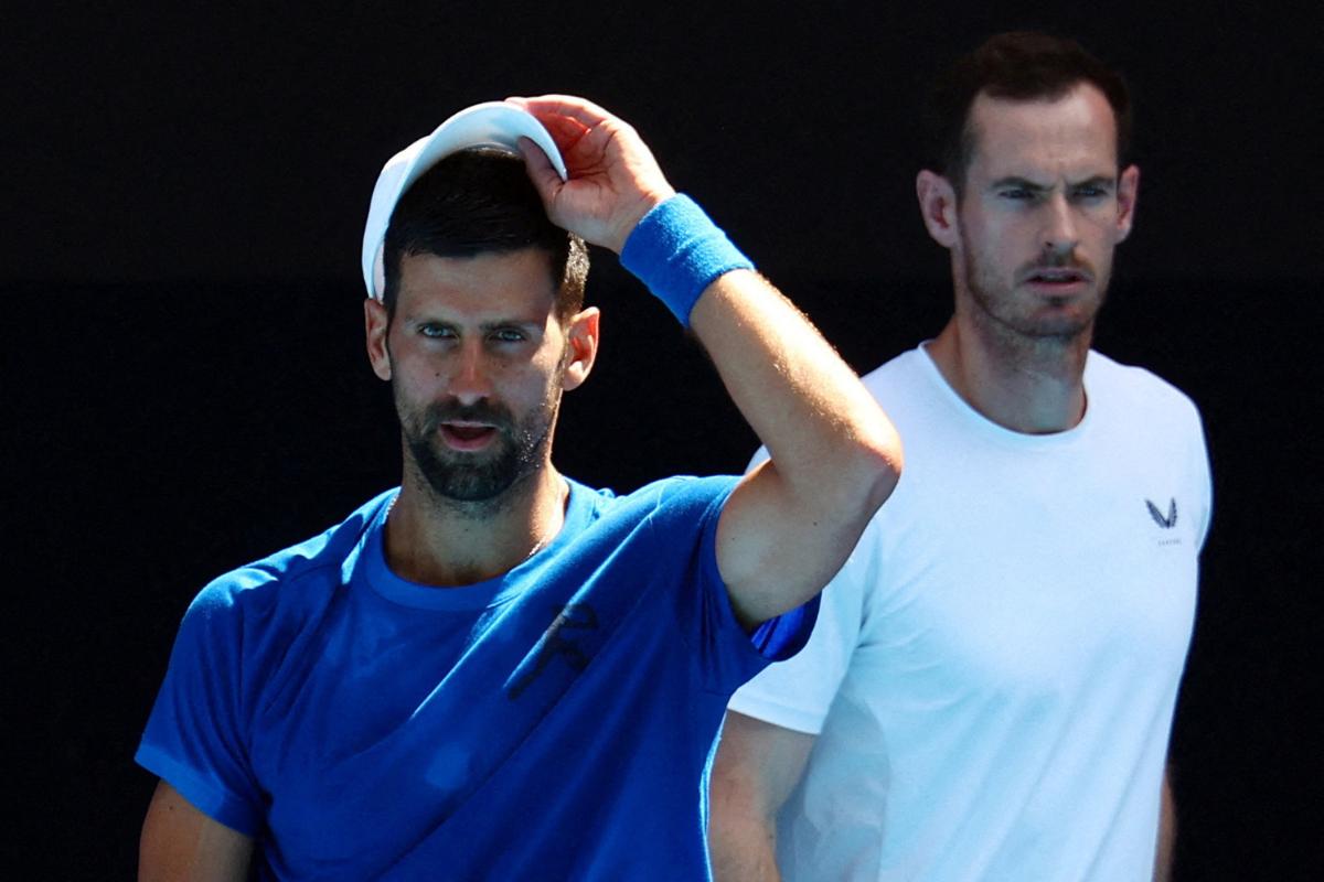 Serbia's Novak Djokovic with coach Andy Murray during a practice session, on Thursday, January 9, ahead of the Australian Open