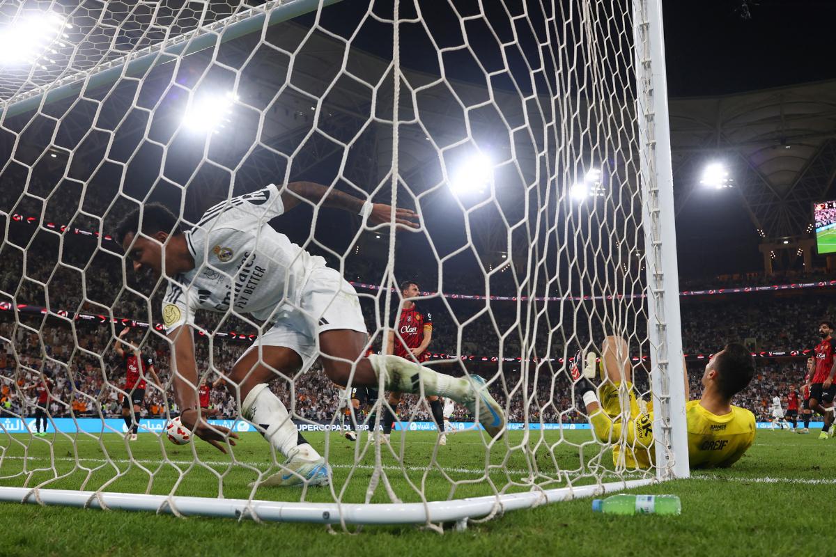 Real Madrid's Rodrygo celebrates scoring their third goal against RCD Mallorca in the Spanish Super Cup Semi Final at King Abdullah Sports City, Jeddah, Saudi Arabia, on Thursday