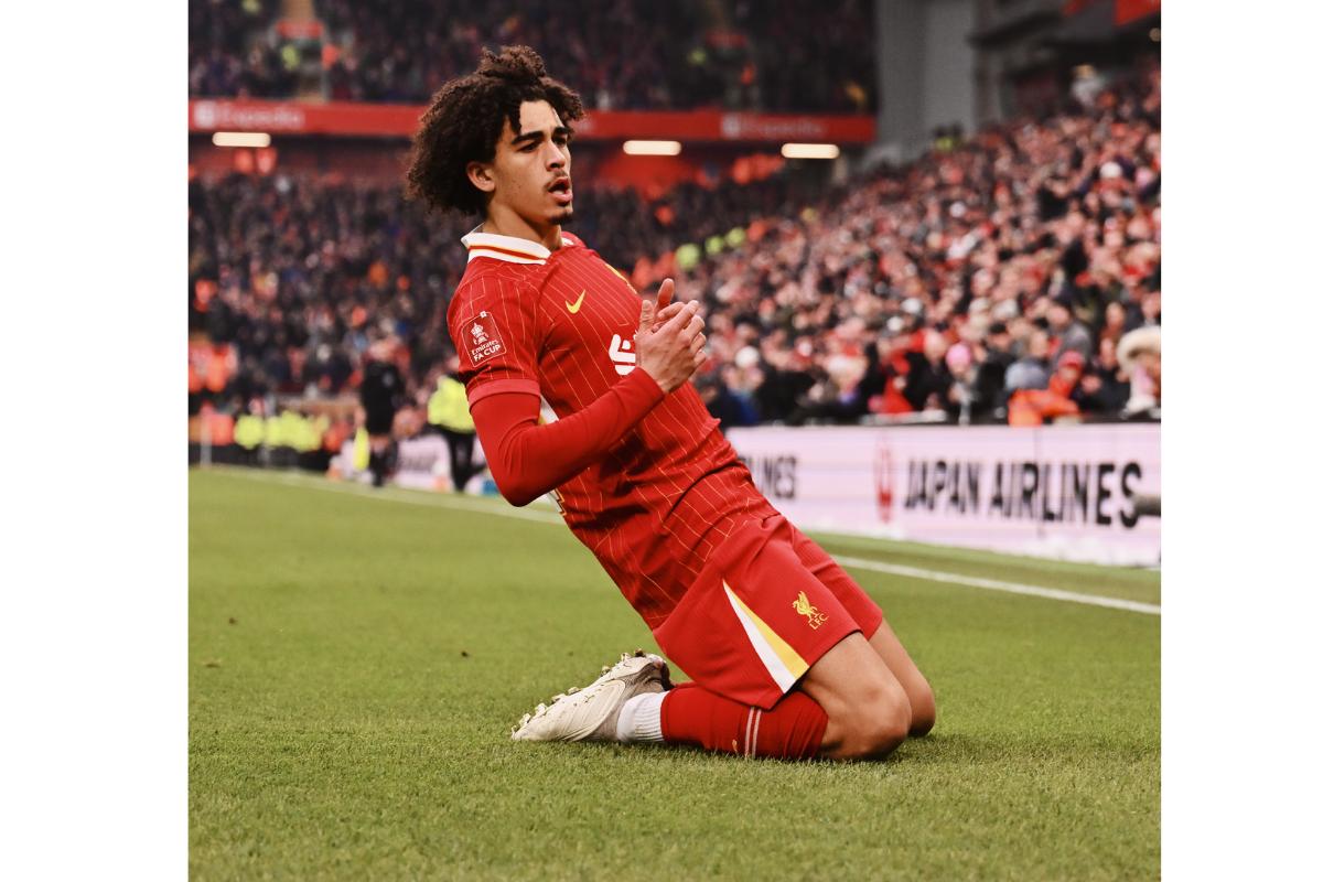 Trent Alexander-Arnold celebrates on netting Livepool's second goal against Accrington Stanley in their FA Cup Third Round match at Anfield, Liverpool, Britain, on Saturday