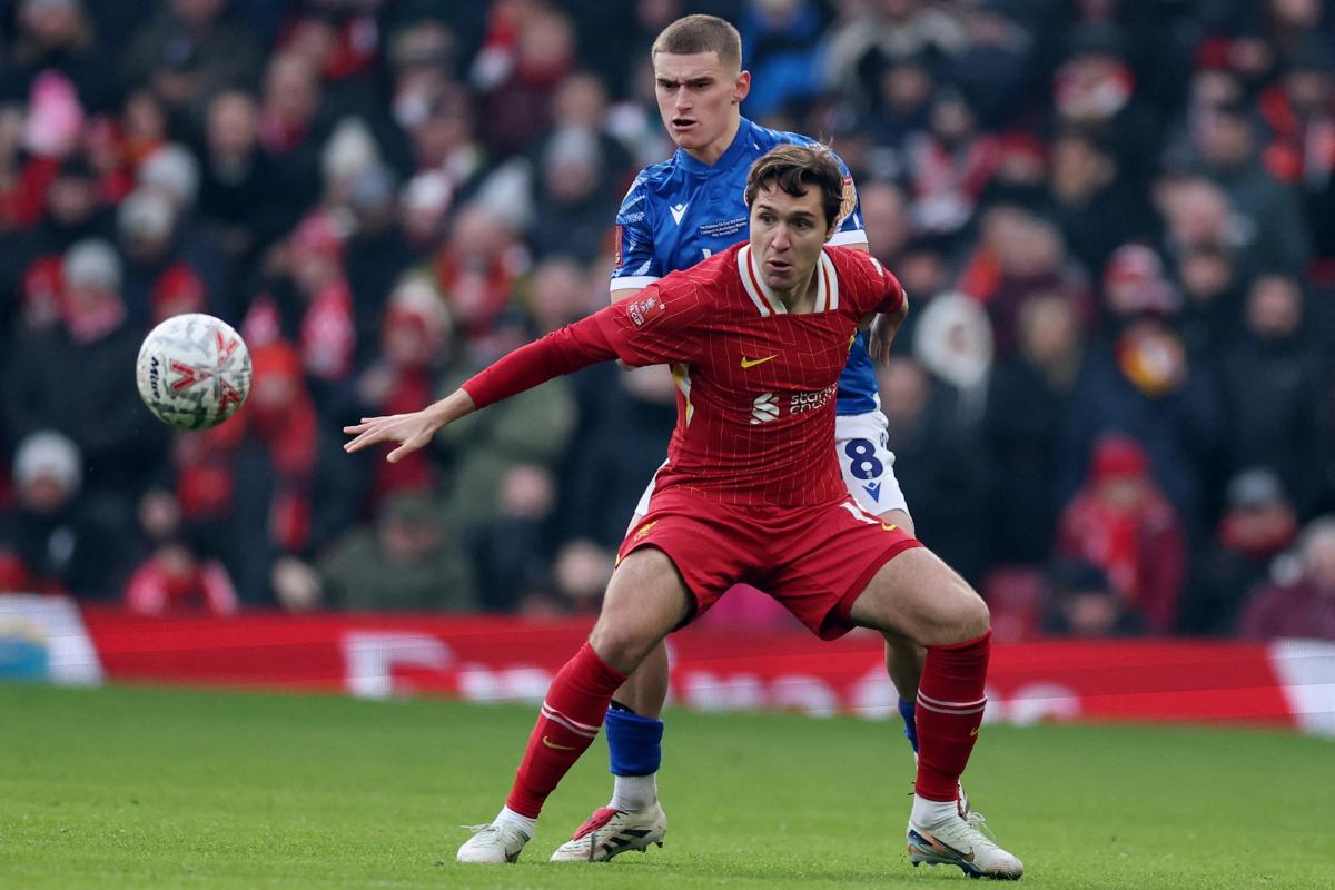 Liverpool's Federico Chiesa in action with Accrington Stanley's Ben Woods