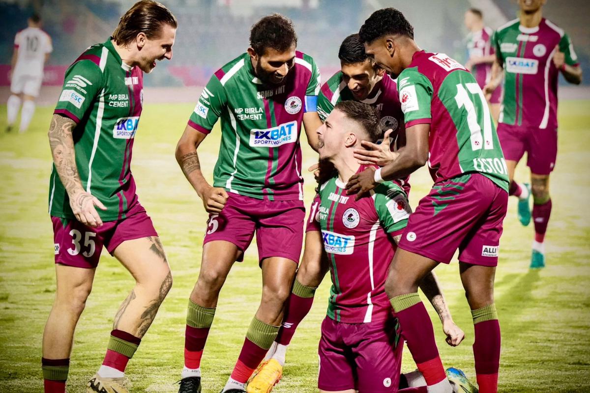 Mohun Bagan Super Giants' Jamie Maclaren celebrates on scoring the opener in record time in their ISL match against East Bengal in Guwahati on Saturday.