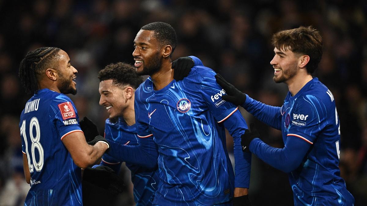 Tosin Adarabioyo celebrates scoring Chelsea's third goal with Jadon Sancho, Christopher Nkunku and Marc Guiu against Morecambe at Stamford Bridge, London.