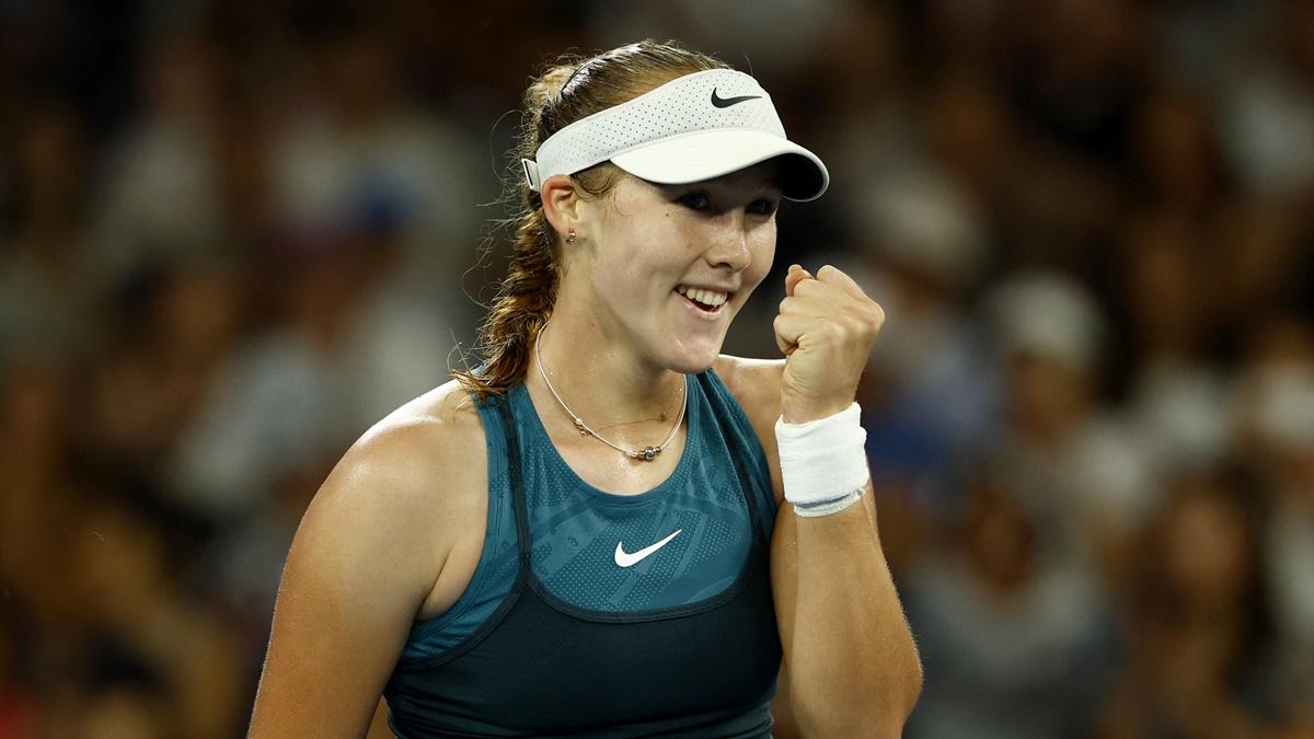 Russia's Mirra Andreeva celebrates winning her first round match against Czech Republic's Marie Bouzkova.