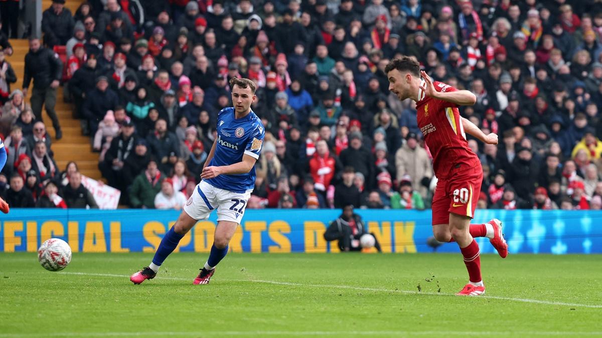 Diogo Jota opens the scoring for Liverpool during the FA Cup third round match against Accrington Stanley at Anfield, Liverpool, on Saturday.