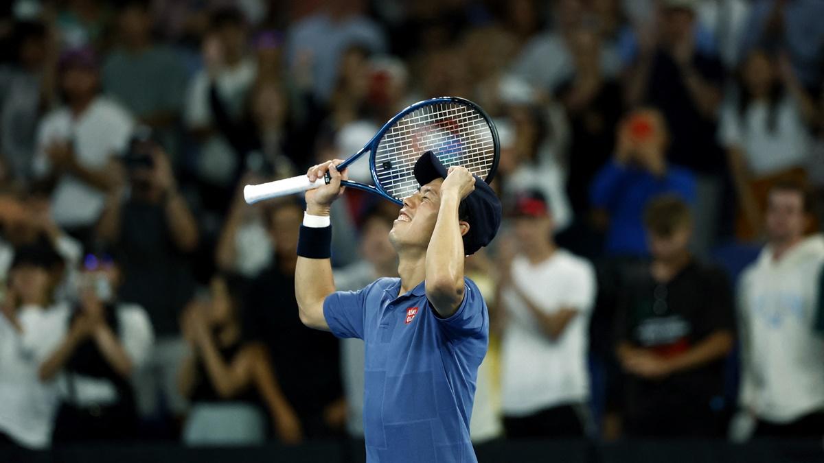 Japan's Kei Nishikori celebrates winning his Australian Open first round match against Brazil's Thiago Monteiro at Melbourne Park on Sunday.