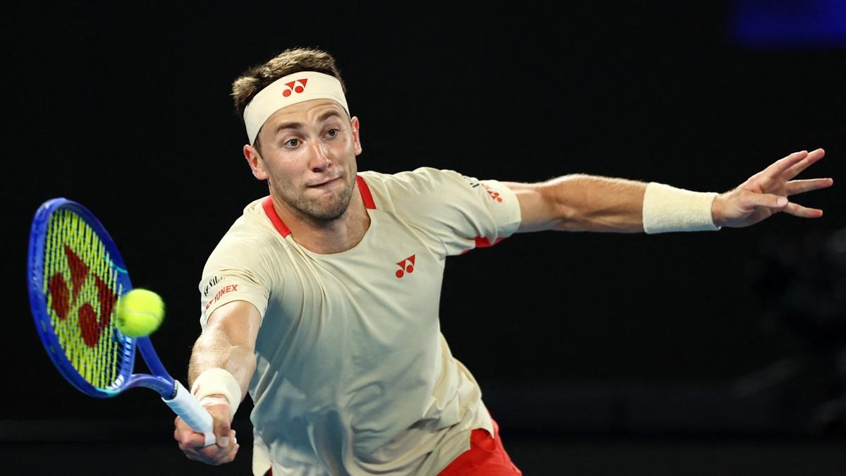 Norway's Casper Ruud stretches to make a return during his first round match against Spain's Jaume Munar.