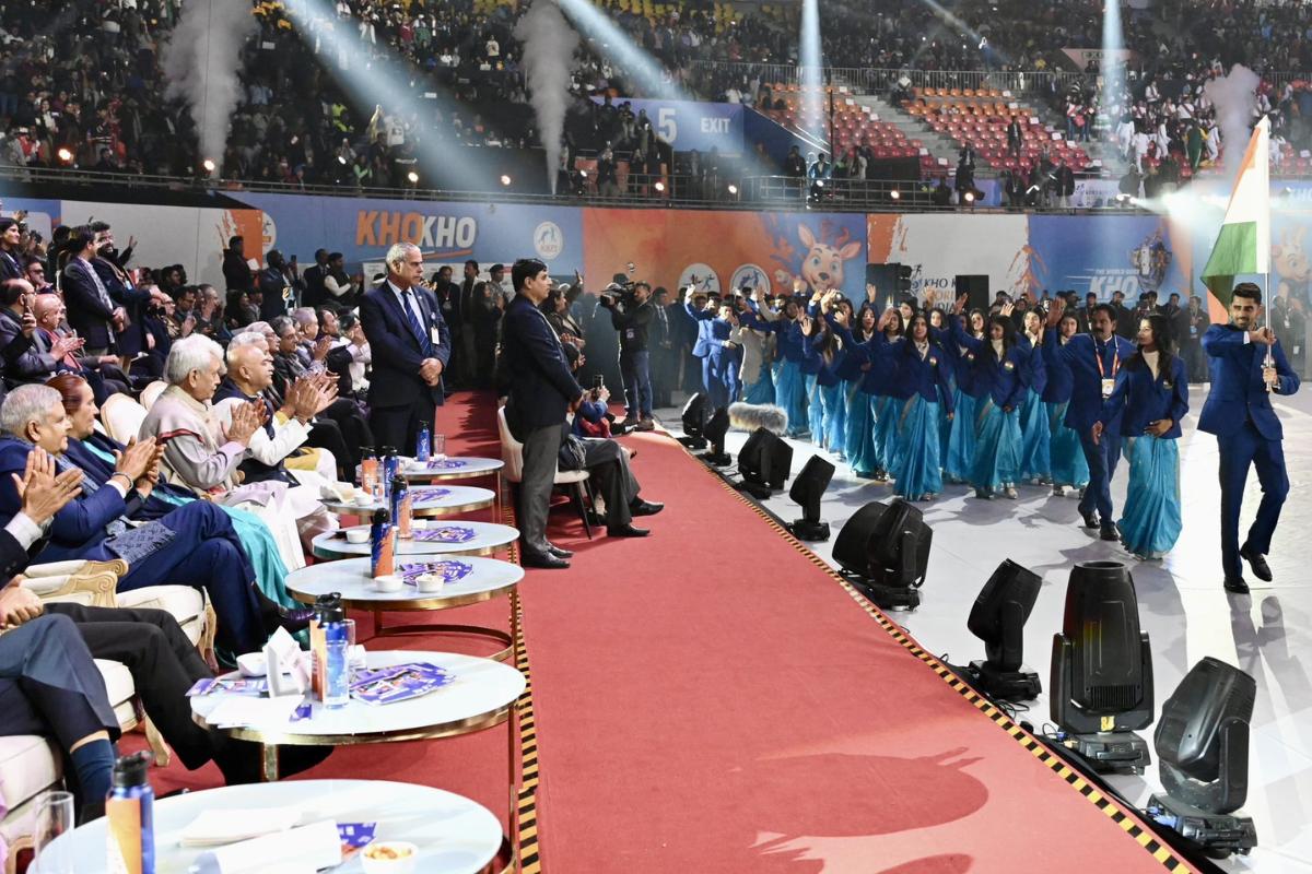 The Indian team walks out with the tricolour during the team parade at the opening ceremony of the inaugural Kho Kho World Cup held in New Delhi on Monday