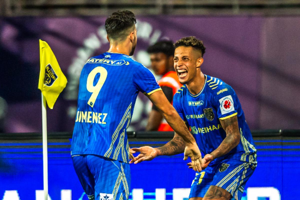 Noah Sadaoui celebrates his winning goal against Odisha FC in their ISL match at Kochi on Monday