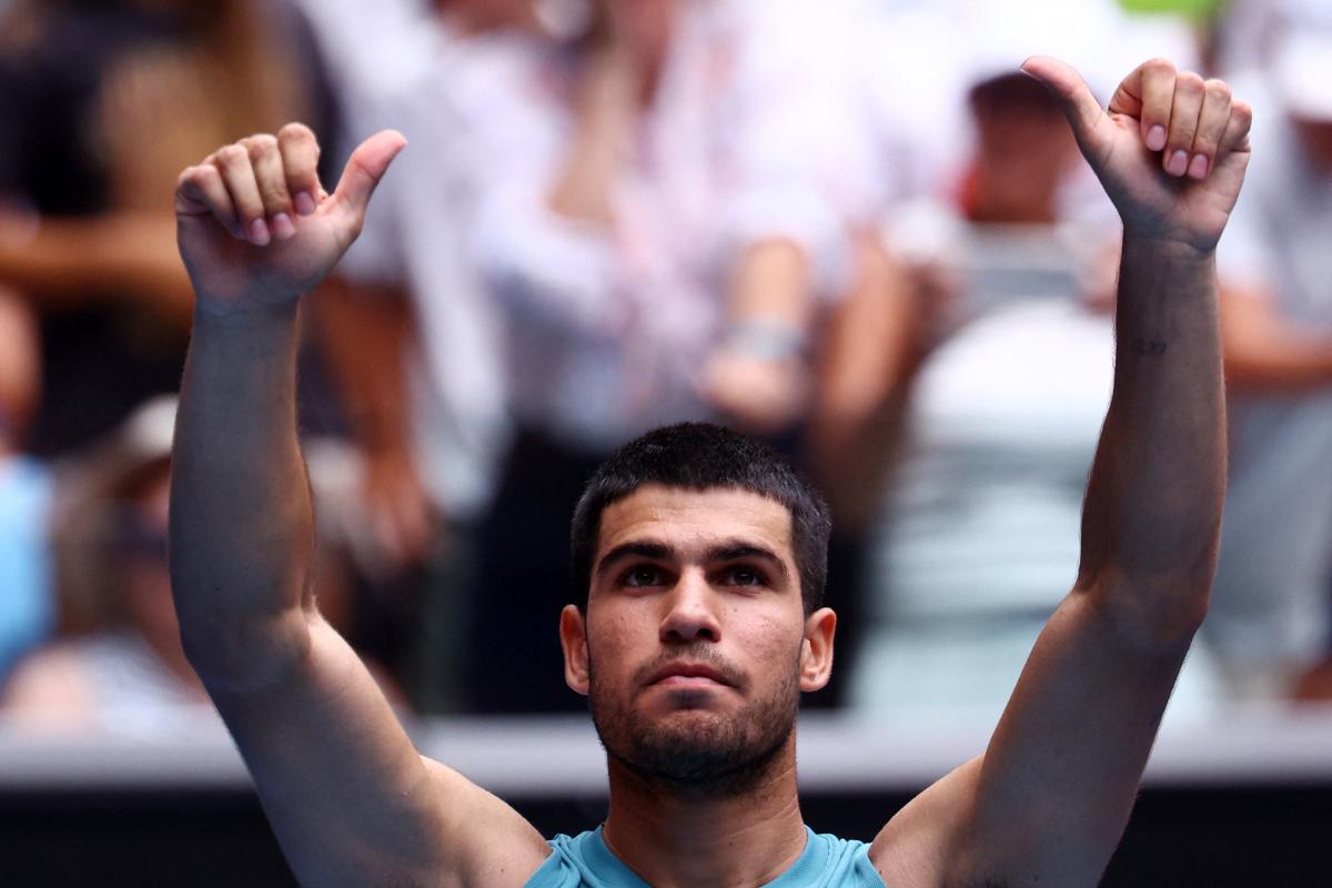 Spain's Carlos Alcaraz celebrates winning his second round match against Japan's Yoshihito Nishioka 