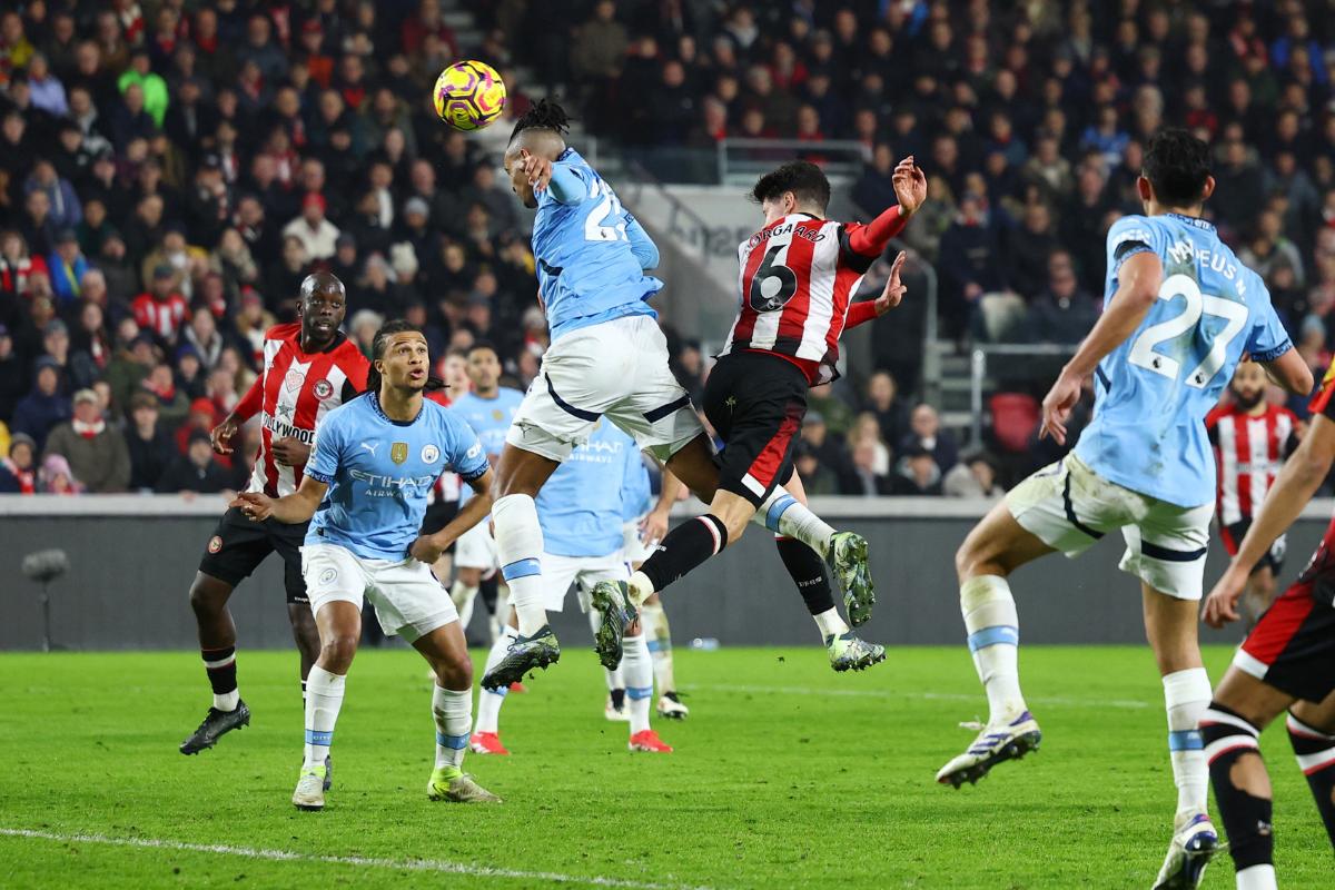 Brentford's Christian Norgaard scores the equaliser against Manchester City at GTech Community Stadium, London, Britain 