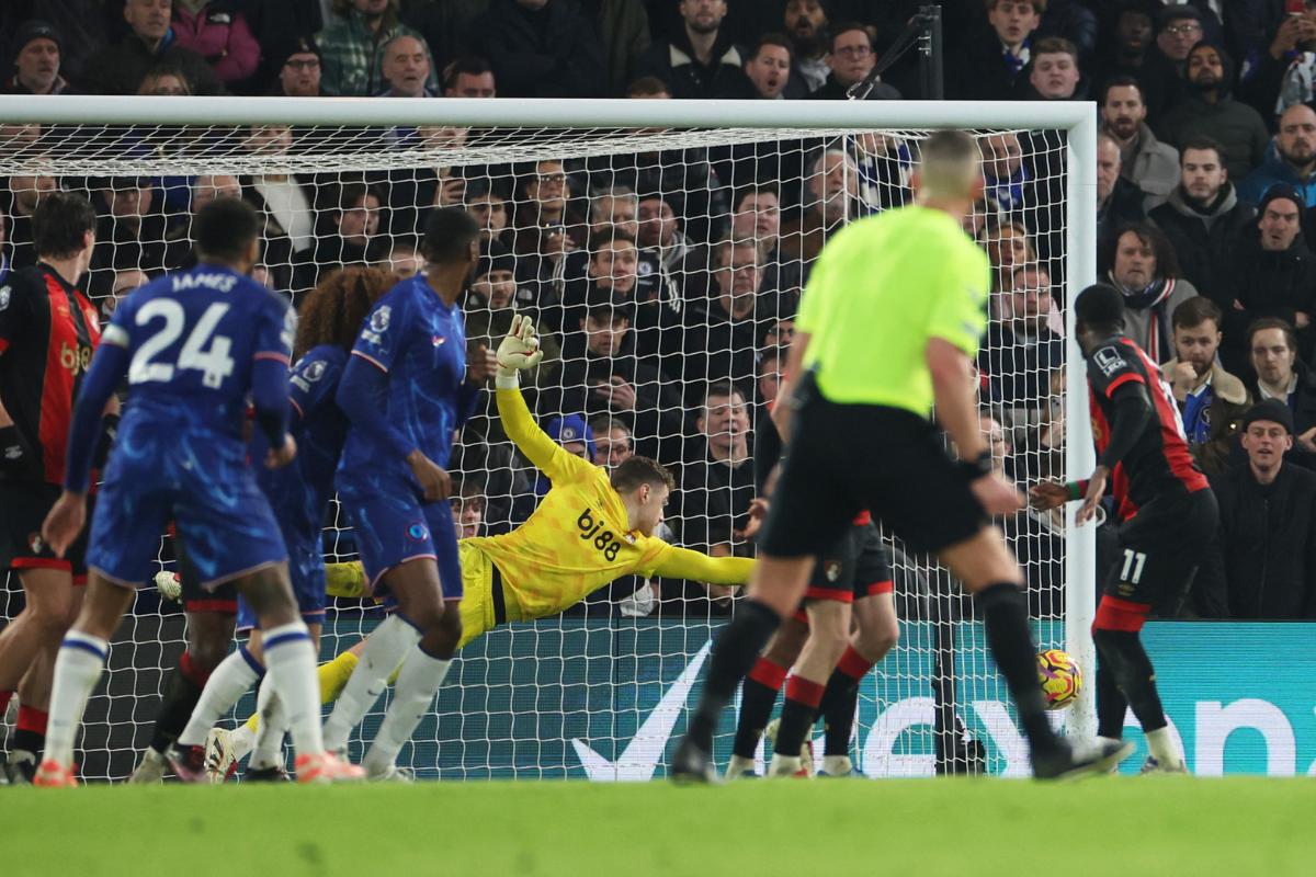 Chelsea's Reece James converts a free-kick to scores their second goal past AFC Bournemouth's Mark Travers