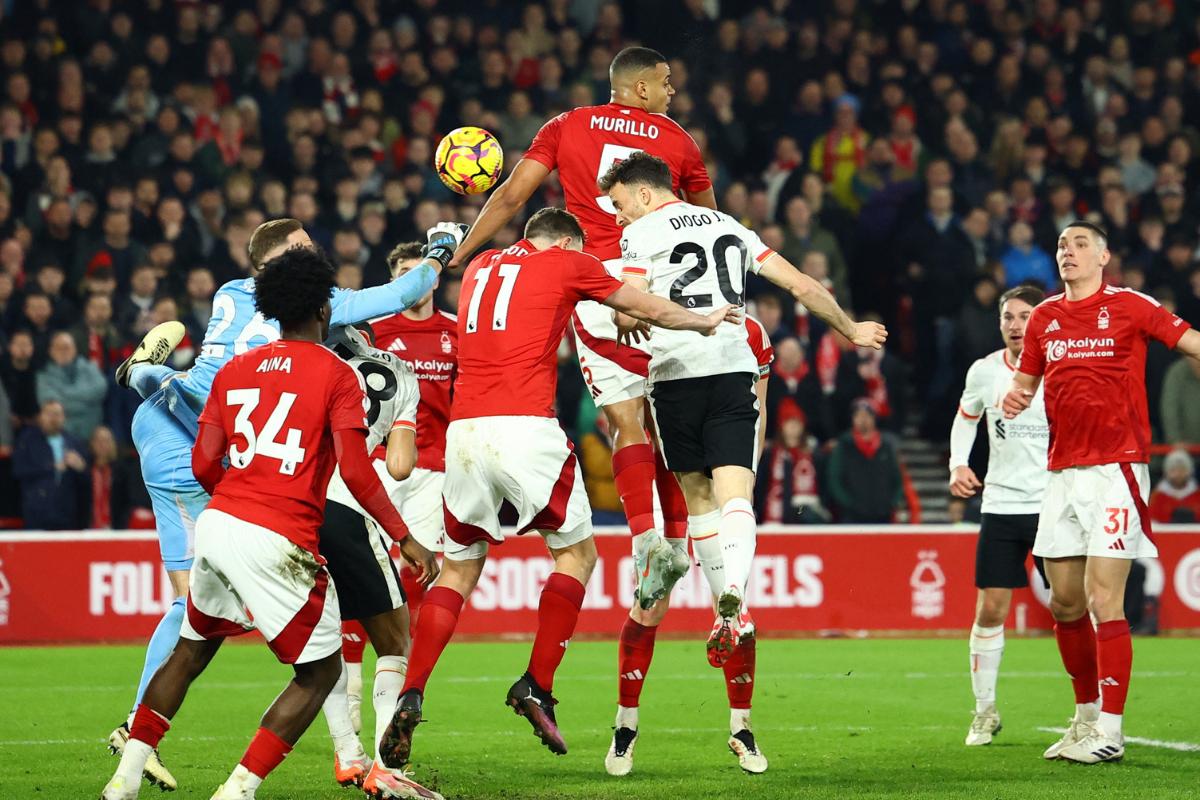 Liverpool's Diogo Jota heads to equalise against Nottingham Forest at  The City Ground, Nottingham, Britain