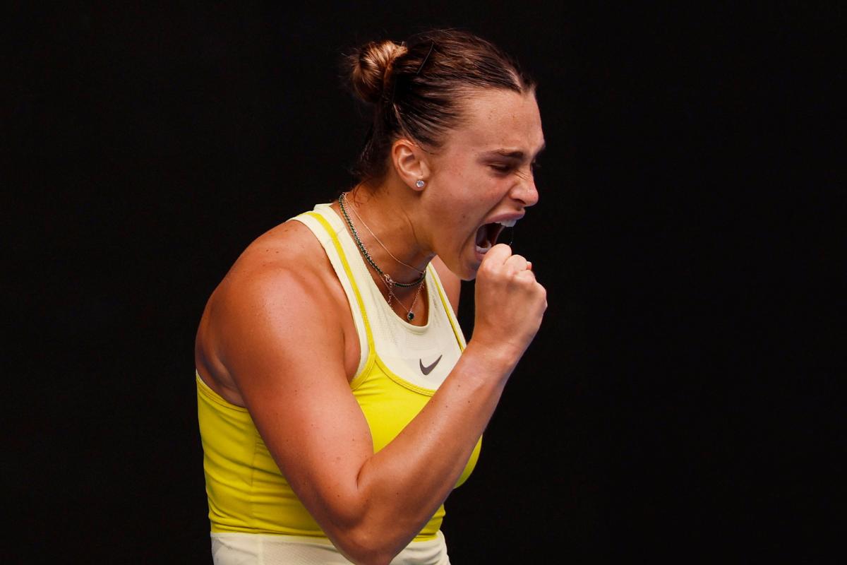 Belarus' Aryna Sabalenka reacts during her second round match against Spain's Jessica Bouzas Maneiro