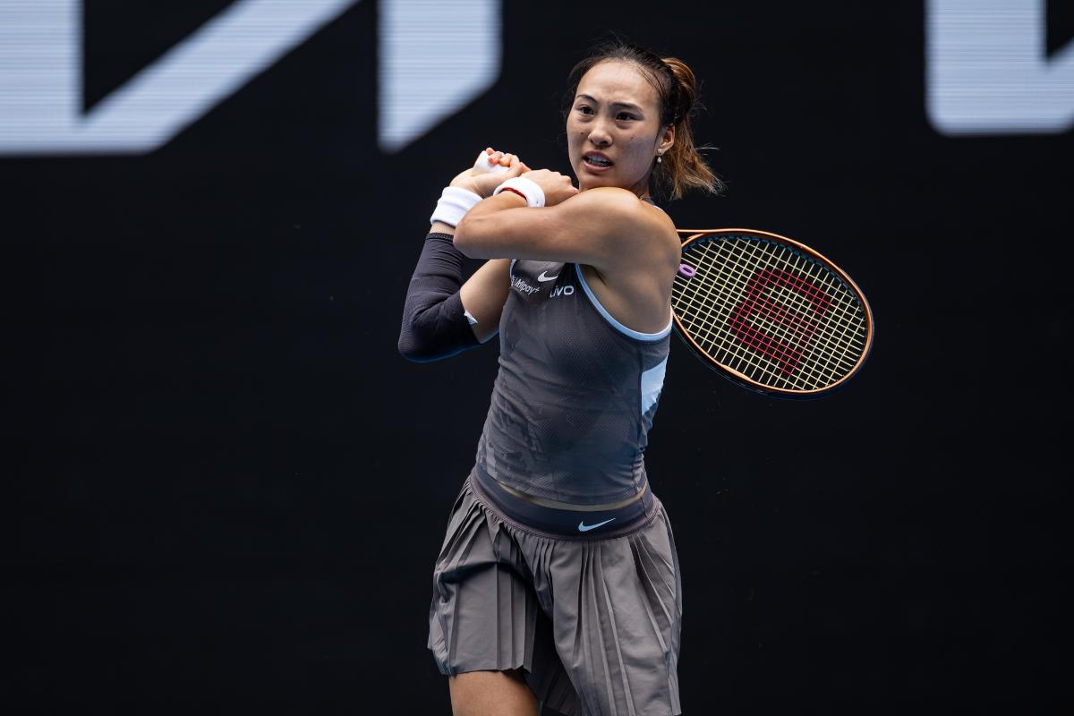 Qinwen Zheng of China plays a backhand during her match against Laura Siegemund of Germany in the second round