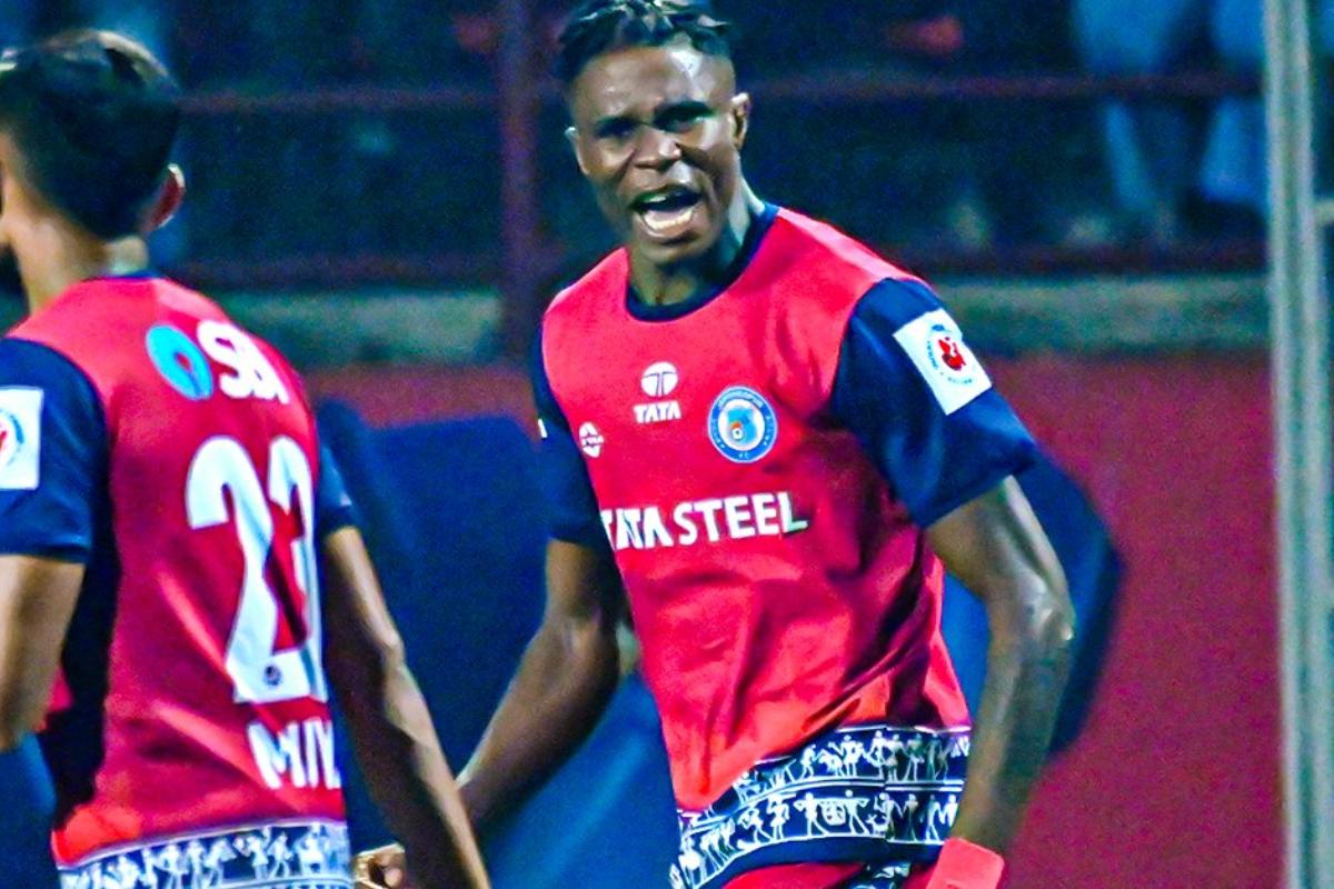 Jamshedpur FC's Stephen Eze celebrates after scoring the equaliser against Mohun Bagan in their ISL match on Friday