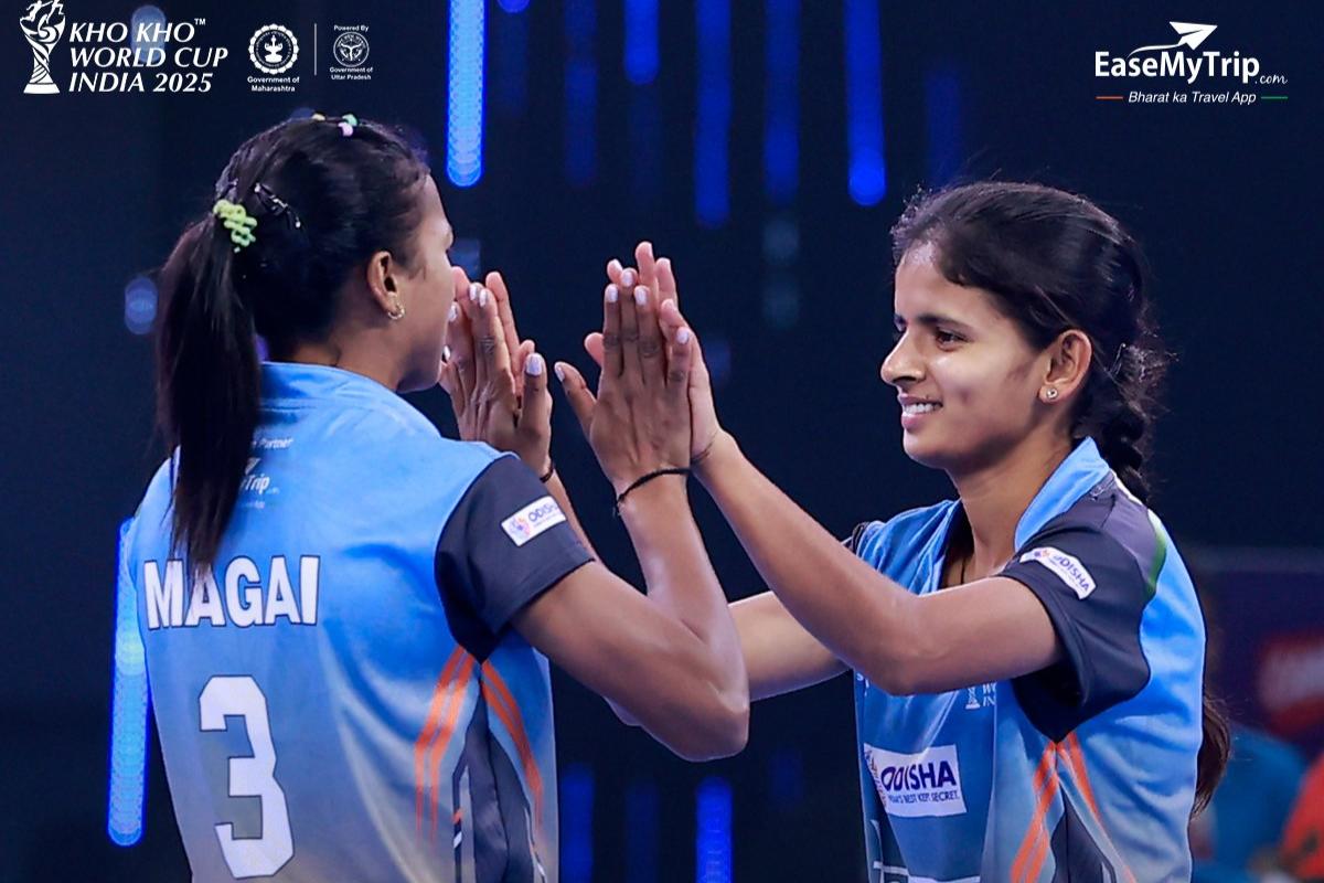 India women players celebrate their win over Bangladesh in the Kho Kho World Cup quarters in New Delhi on Friday