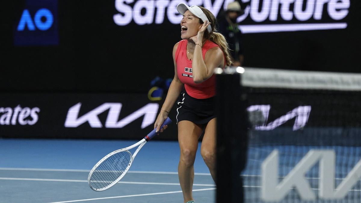 Danielle Collins of the United States gestures to the crowd after winning her Australian Open second round match against Australia's Destanee Aiava at Melbourne Park, on January 16, 2025.