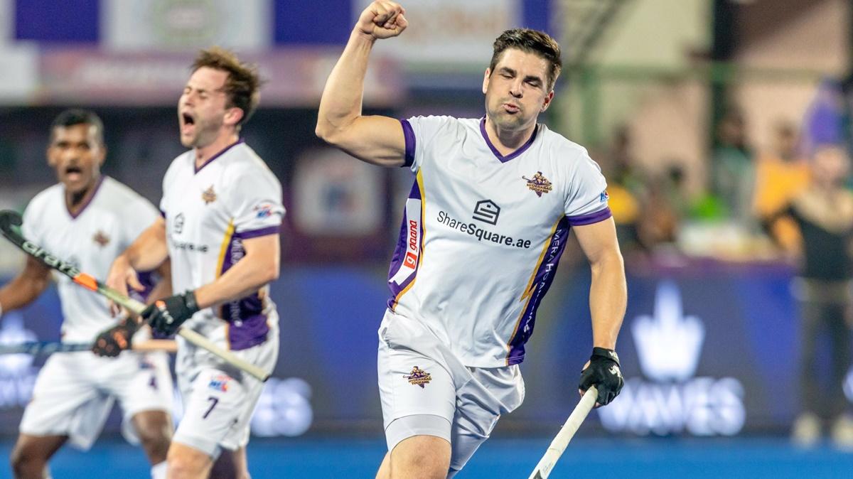 Hyderabad Toofans's Gonzalo Peillat celebrates scoring during the men's Hockey India League match against Tamil Nadu Dragons in Ranchi on Saturday.