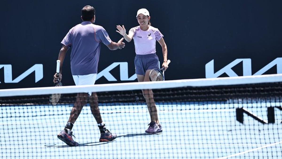 Rohan Bopanna and Zhang Shuai in action during their Australian Open mixed doubles first round match against Kristina Mladenovic of France and Ivan Dodic of Croatia.