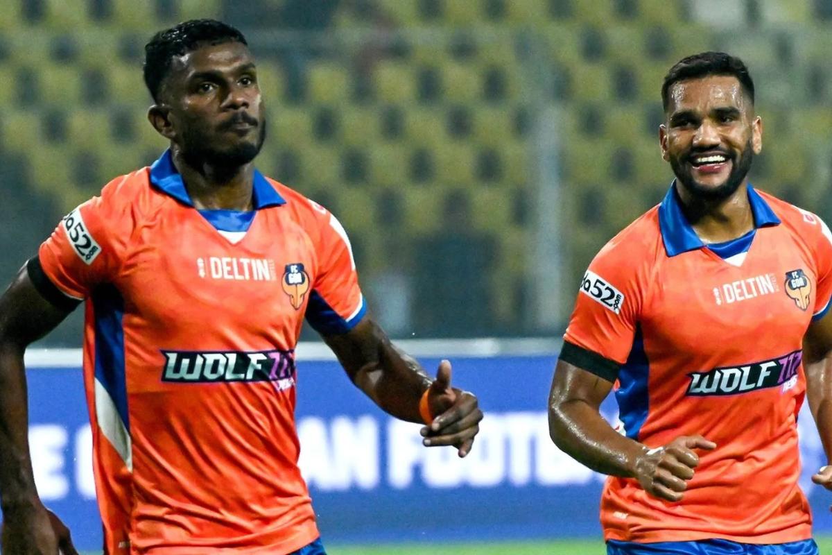 FC Goa's Brison Fernandes celebrates with Sahil Tavora after scoring against East Bengal on Sunday