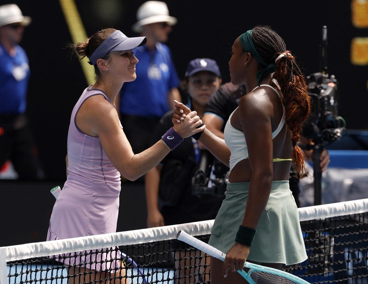 Coco Gauff shakes hands with Belinda Bencic after winning her fourth round match.