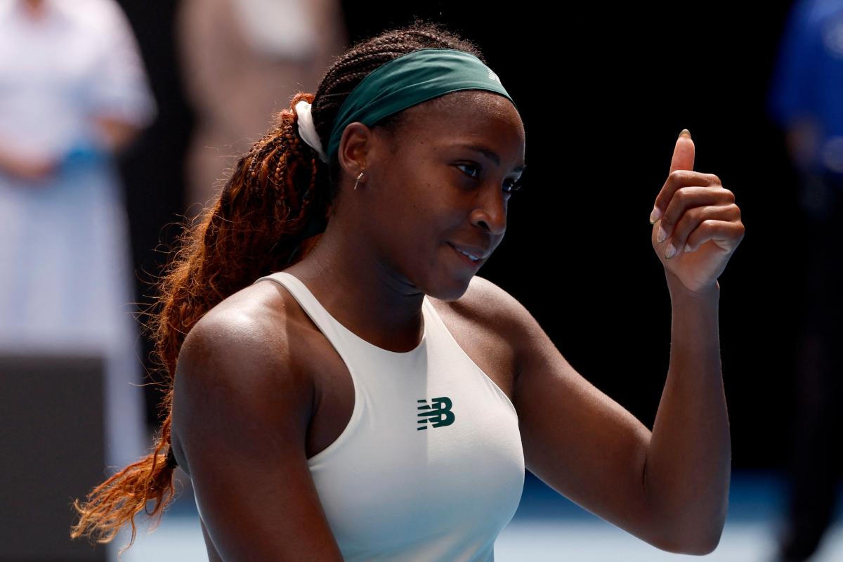 Coco Gauff of the US celebrates winning her fourth round match against Switzerland's Belinda Bencic 