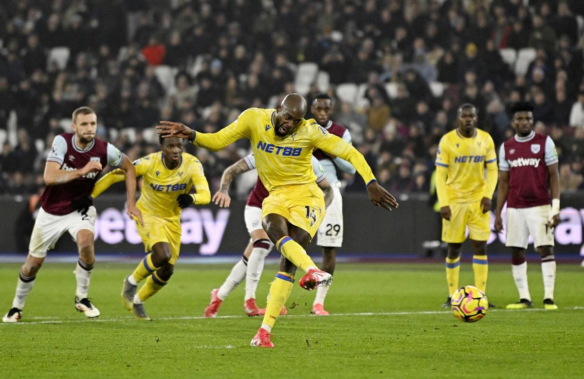 Jean-Philippe Mateta scores Crystal Palace's second goal against West Ham United from the penalty spot at London stadium.