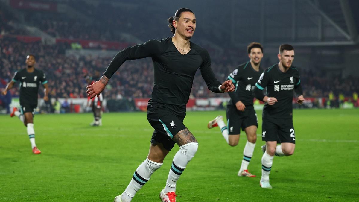 Darwin Nunez celebrates scoring Liverpool's first goal in the Premier League match against  Brentford, at GTech Community Stadium, London, on Saturday.