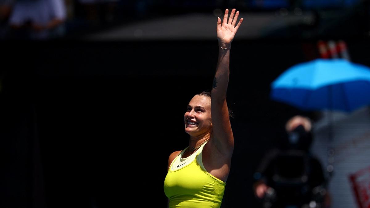 Belarus's Aryna Sabalenka celebrates winning her Australian Open fourth round match against Russia's Mirra Andreeva at Melbourne Park on Sunday.