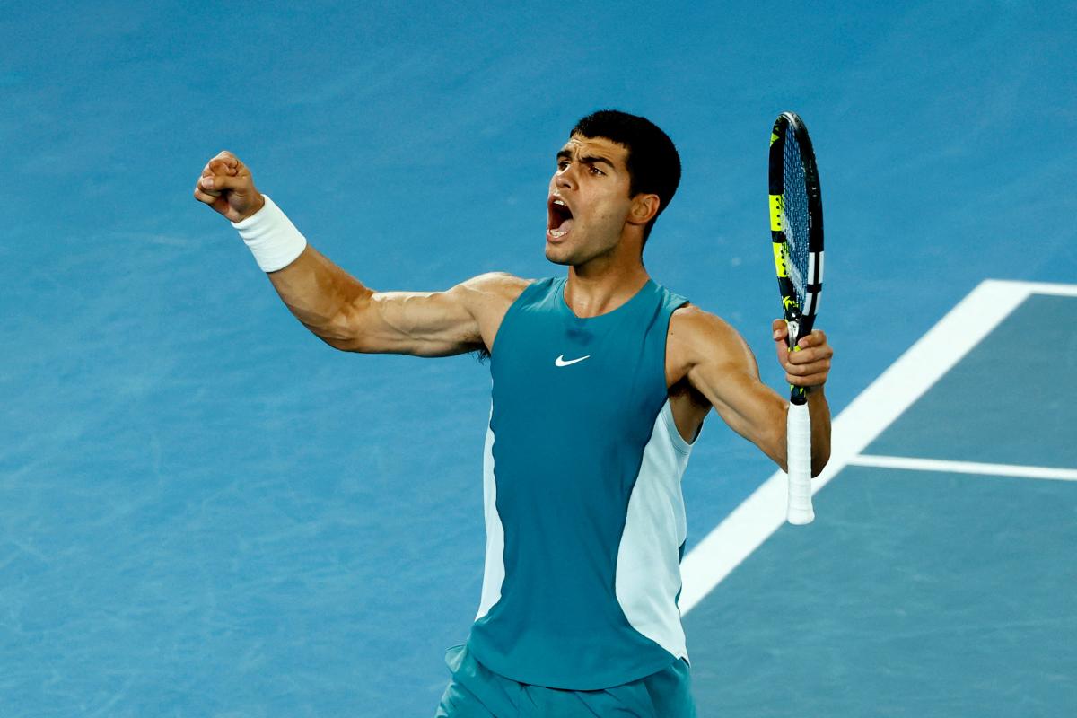 Spain's Carlos Alcaraz reacts after winning the first set 