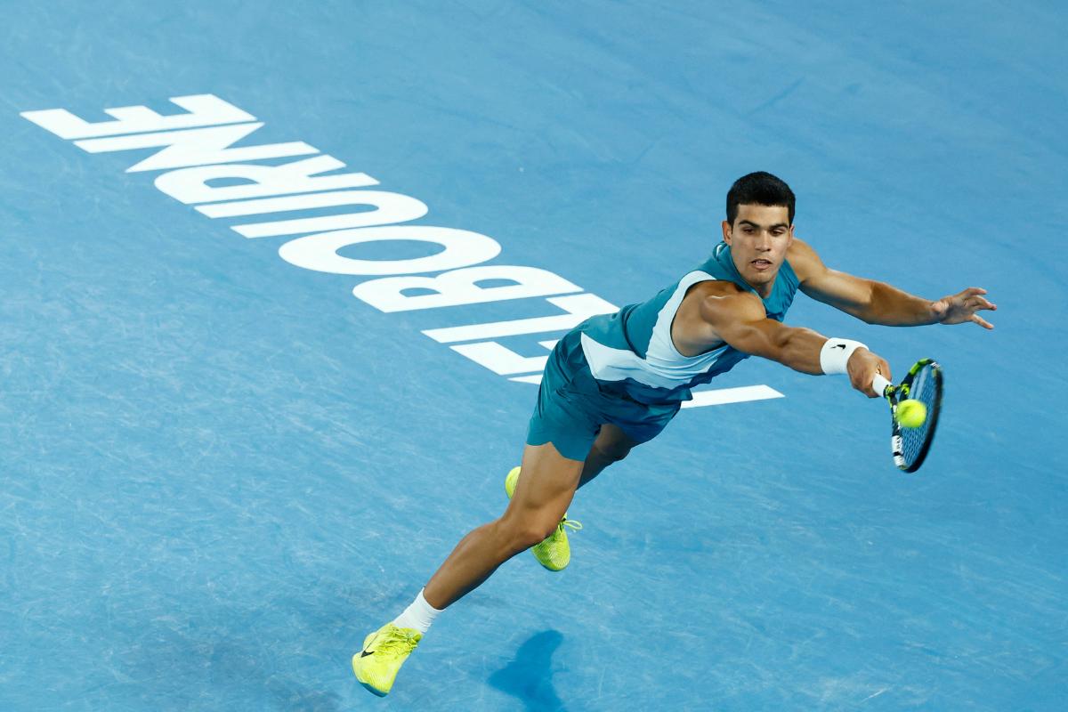 Spain's Carlos Alcaraz in action during his quarter final match against Serbia's Novak Djokovic