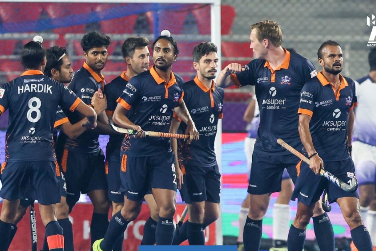 UP Rudras celebrate their victory over Team Gonsika in the Hockey India League on Tuesday